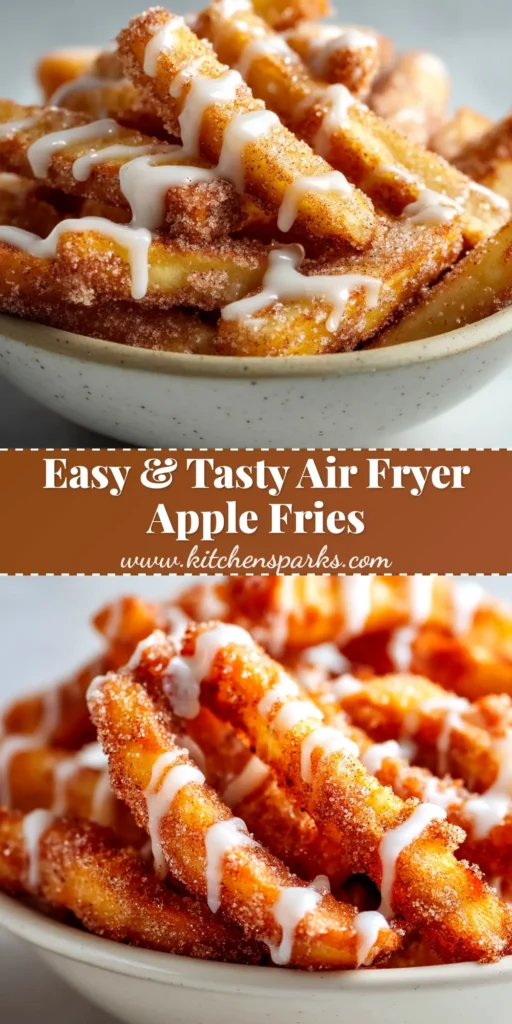 A shareable pin image of crispy air fryer apple fries served in a white bowl with a side of caramel dipping sauce.
