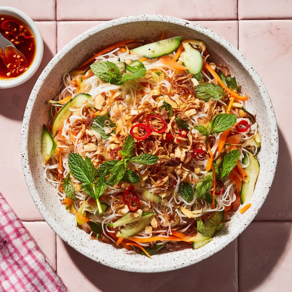 A beautifully assembled Vietnamese noodle bowl with grilled lemongrass pork, showing the final step before tossing with dressing.