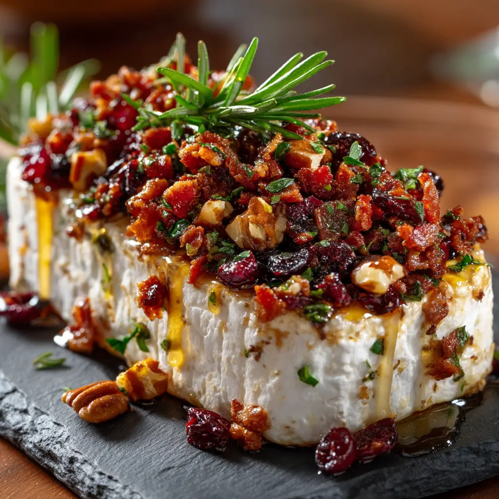 An extreme close-up of a single bacon goat cheese crostini, showing the creamy texture of the cheese and the crispy bacon.