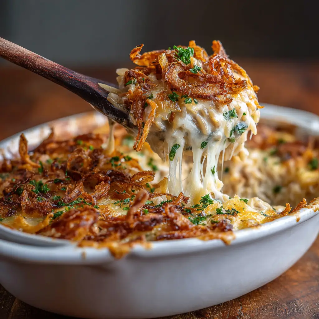 The finished French Onion Chicken Orzo Casserole in a skillet, with a golden-brown Gruyère cheese crust.