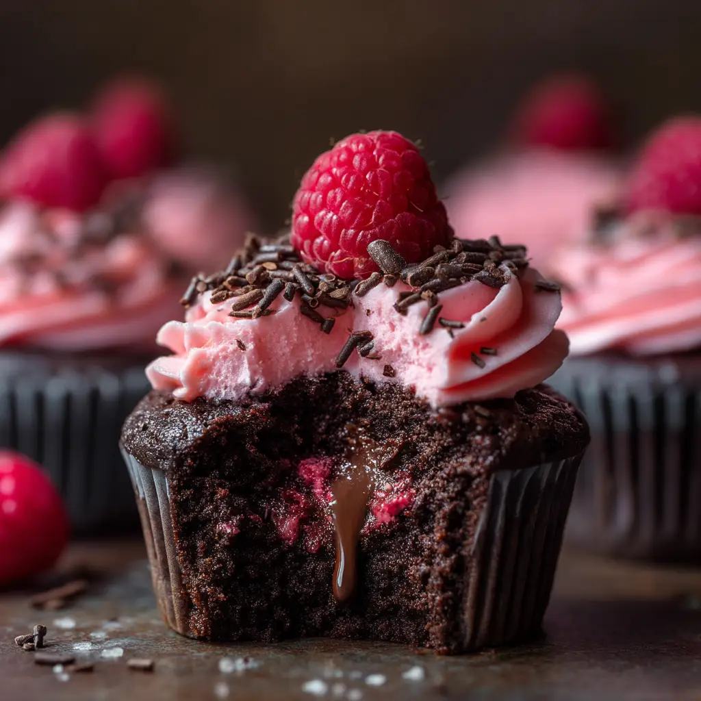 A freshly baked molten chocolate lava cake dusted with powdered sugar, with a hint of the warm raspberry center visible.