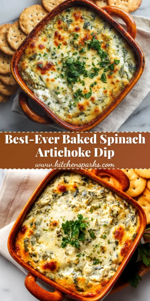 A shareable pin image showing a hot, creamy Baked Spinach Artichoke Dip in a white dish, ready to be served.