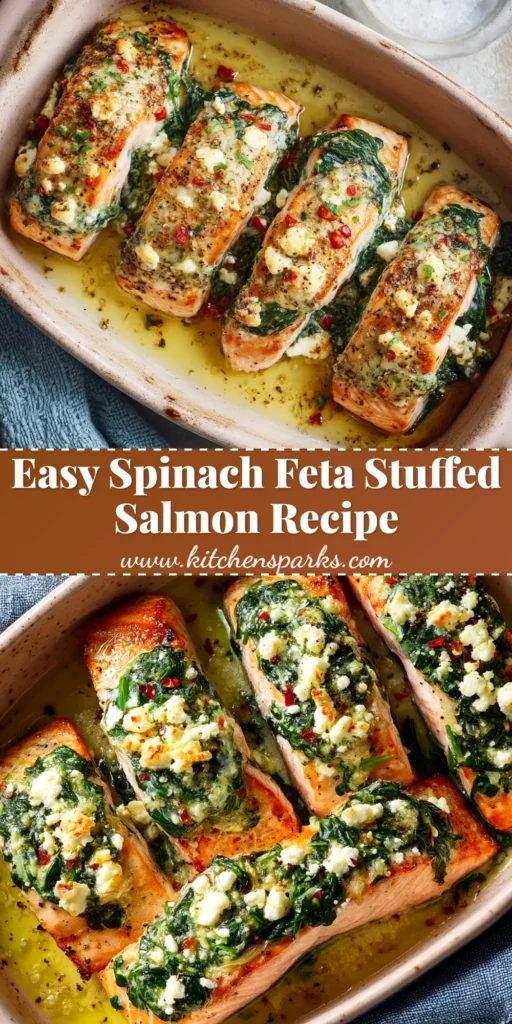 A close-up shot of a perfectly baked stuffed salmon fillet on a plate, with a creamy spinach and cheese filling oozing from the center. The salmon is garnished with fresh parsley.