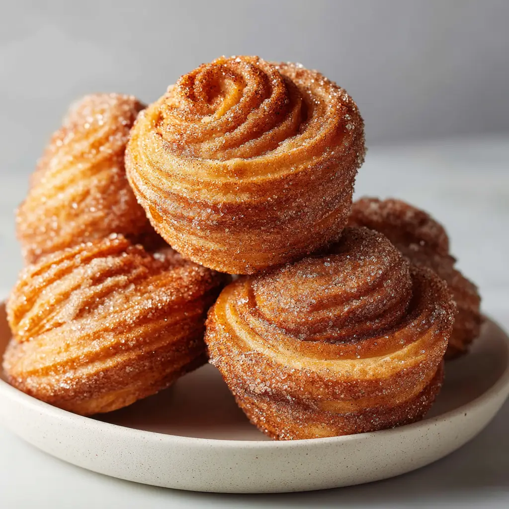 A tray of freshly baked cruffins just out of the oven, showcasing the pastry's beautiful swirls before the cinnamon-sugar coating is applied.