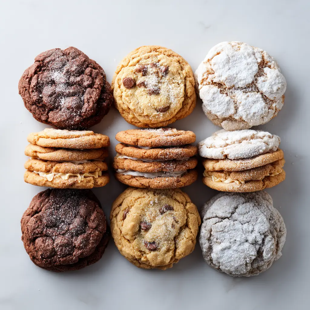 Baking easy cookies from scratch. Stacks of different cookies are arranged neatly, showcasing their perfect golden-brown texture and delicious appearance.
