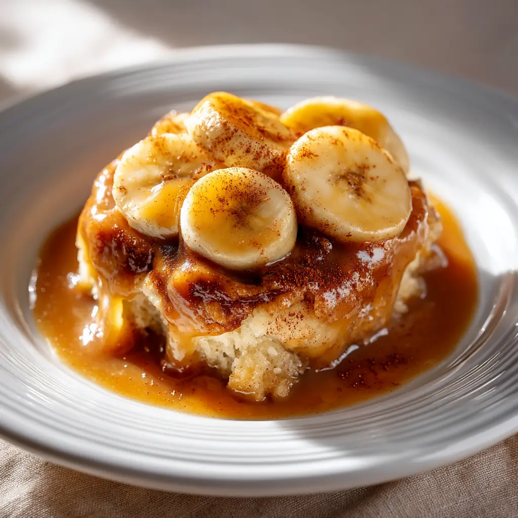 The gooey, caramelized banana filling of the Southern Banana Cobbler bubbling under the golden-brown biscuit crust in a baking dish.