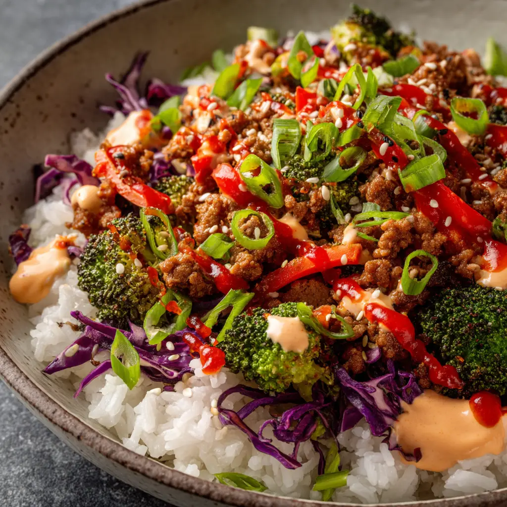 A spoonful of the finished bang bang ground turkey and rice, illustrating the perfect bite with sauce, turkey, and rice.