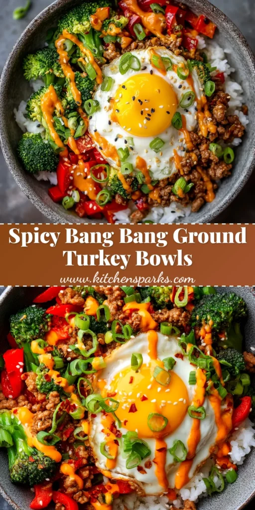 An overhead shot of a vibrant Bang Bang Ground Turkey Rice Bowl, showcasing the seasoned turkey, fresh vegetables, and a creamy sauce drizzle, ready to be eaten.