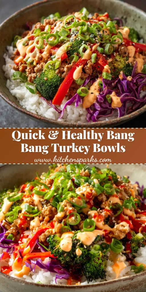 An overhead shot of two Bang Bang Ground Turkey Rice Bowls, topped with fresh green onions and a creamy, spicy sauce. The perfect easy weeknight dinner idea.