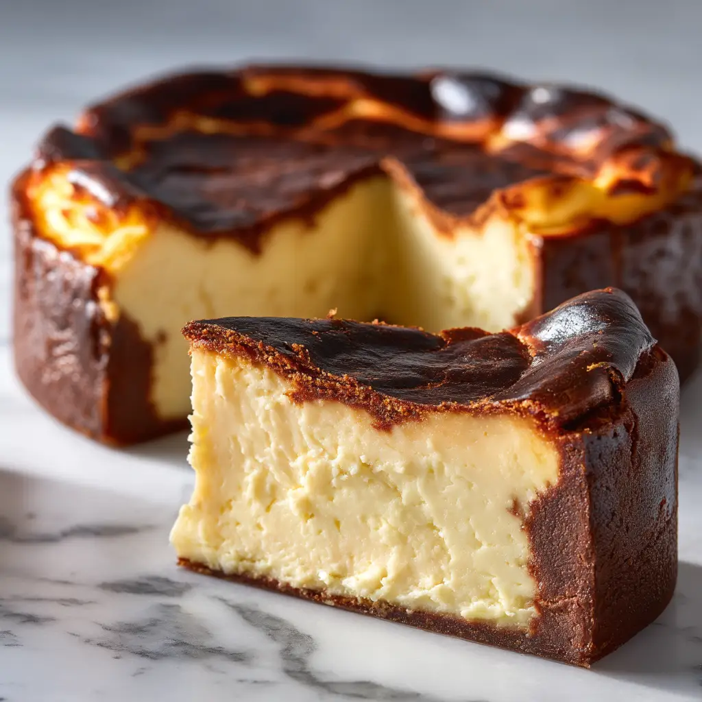 The smooth, creamy batter for a crustless cheesecake being poured into a parchment-lined pan before baking.