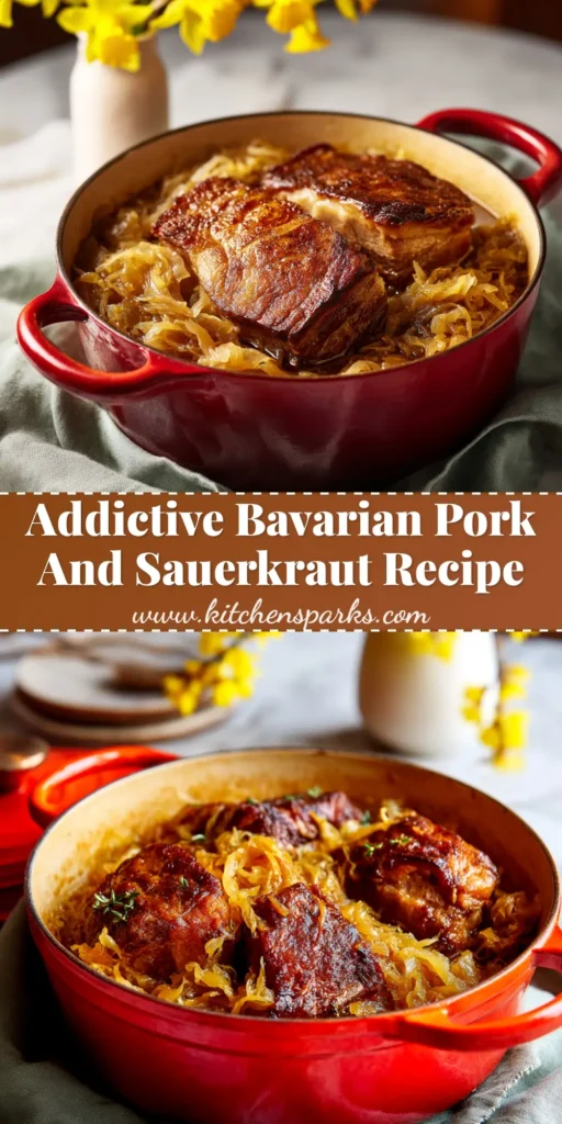 A delicious and authentic Bavarian Pork and Sauerkraut served in a rustic bowl, showcasing tender braised pork shoulder and savory sauerkraut. Perfect for a hearty German dinner.