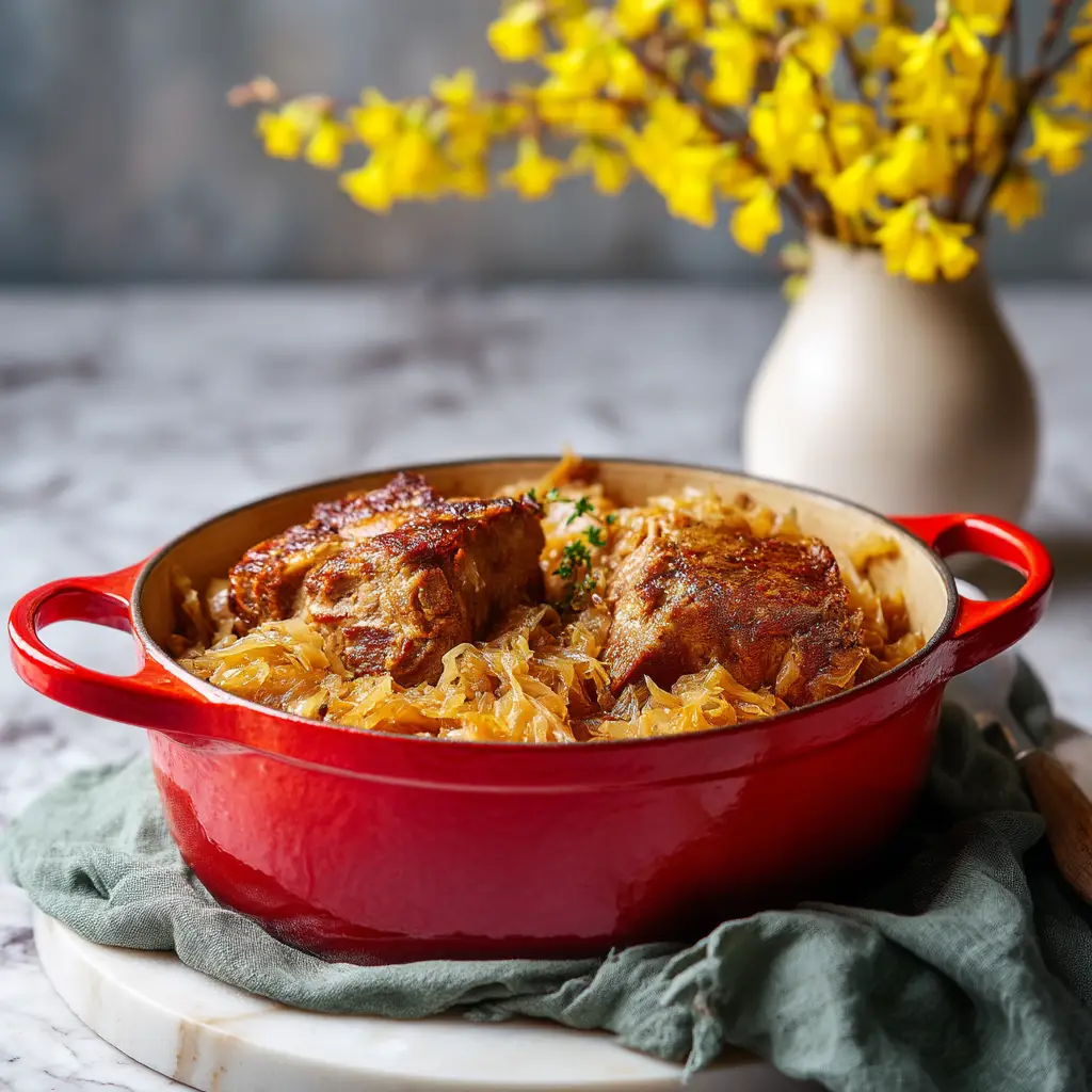 A plate of hearty Bavarian Pork and Sauerkraut served with potatoes, showing a complete German-style meal. The pork is garnished with fresh parsley.