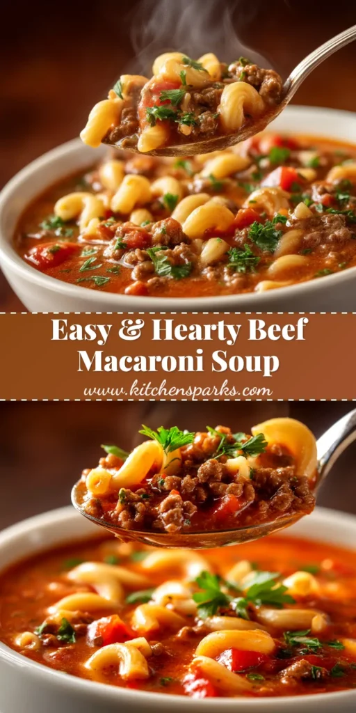 A large white bowl filled with hearty Beef and Macaroni Soup, garnished with fresh parsley. A spoon rests in the bowl, ready to eat.