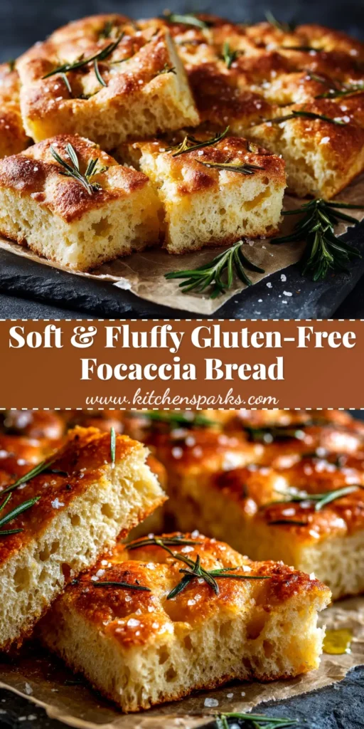 A thick slice of golden-brown gluten-free focaccia on a wooden board, showing an airy and chewy crumb. The top is dimpled and sprinkled with rosemary and flaky sea salt.