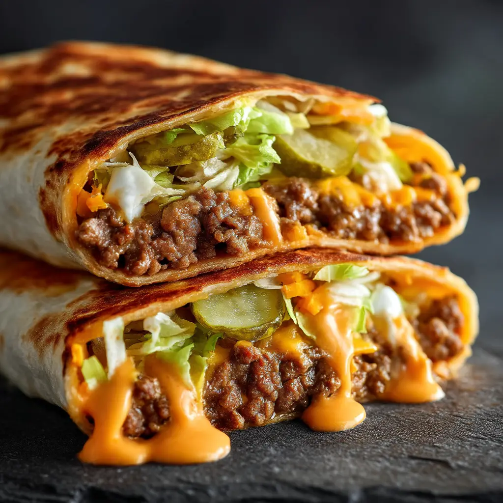 The inside of a Big Mac Wrap, showing layers of ground beef, lettuce, cheese, pickles, and special sauce.