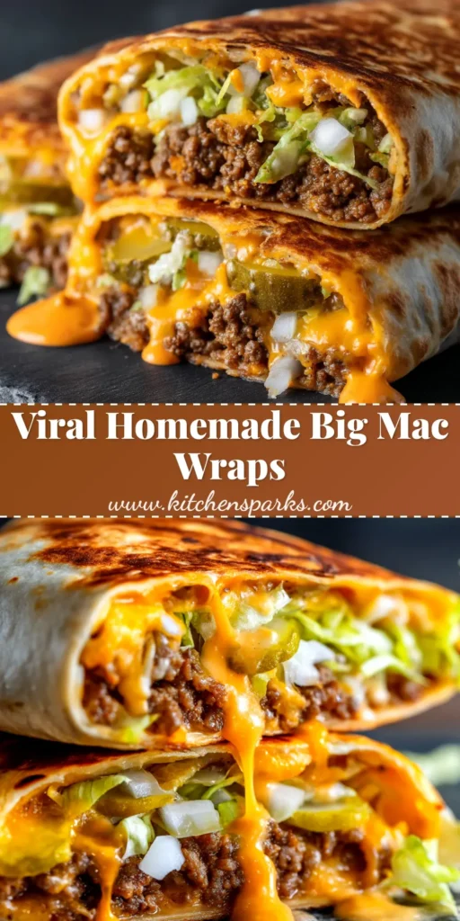 A delicious, golden-brown toasted Big Mac Wrap cut in half to show the juicy ground beef, melted cheese, and special sauce inside.