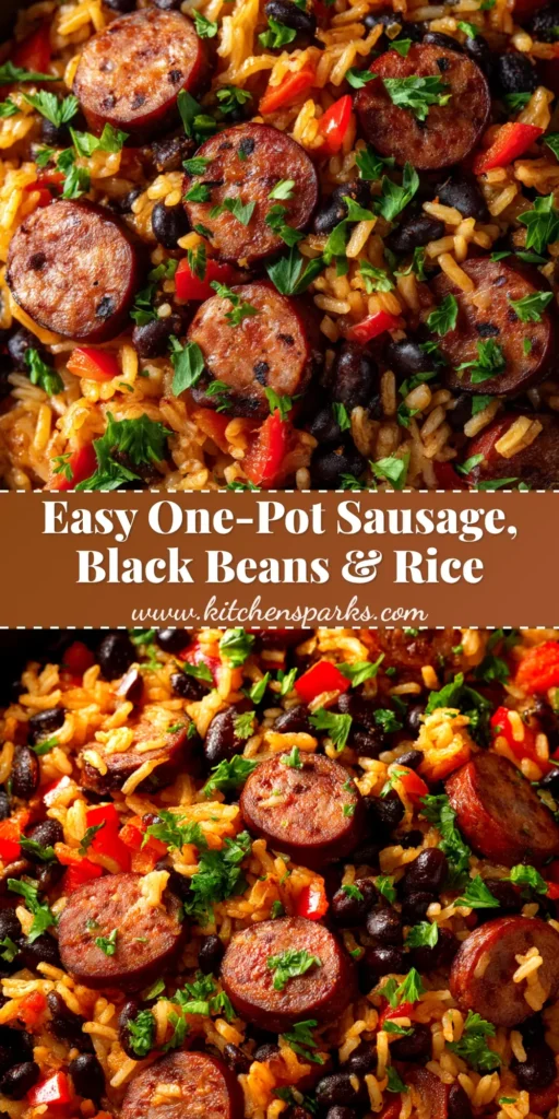 A skillet of easy one-pot black beans and rice with sausage, garnished with fresh parsley. The perfect weeknight dinner idea.
