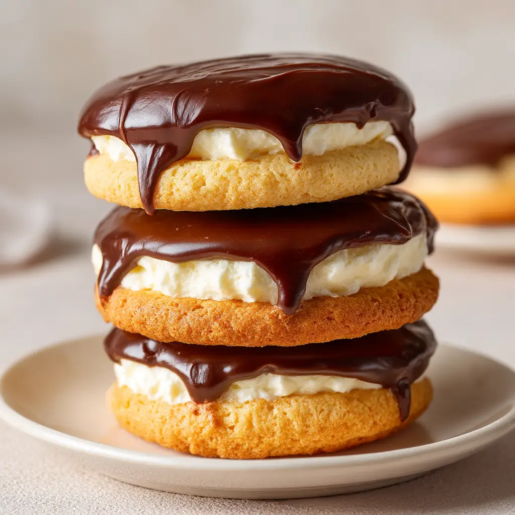 A close-up view of a custard filled cookie with a glossy chocolate ganache topping, part of a Boston Cream Pie Cookies recipe.