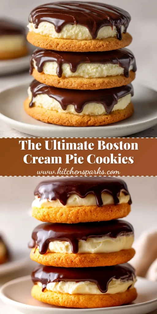 A close-up of delicious Boston Cream Pie Cookies on a plate. The cookies are filled with vanilla pastry cream and topped with a rich chocolate ganache.