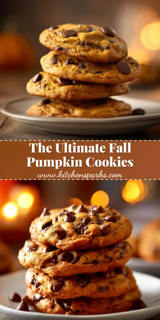 A stack of chewy brown butter pumpkin chocolate chip cookies on a plate, with one broken in half to show the gooey chocolate chips inside.