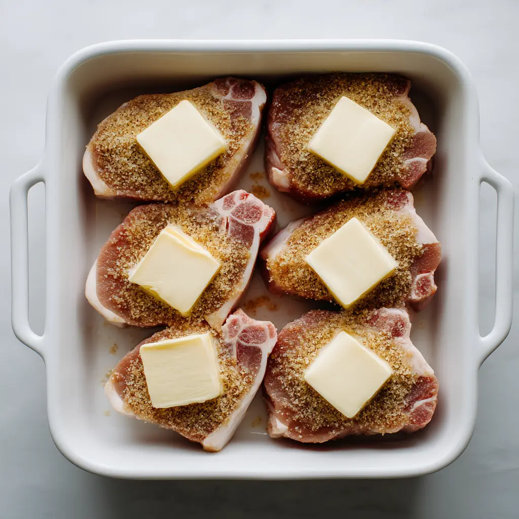 The simple ingredients for the pork chop glaze—brown sugar, soy sauce, and garlic—arranged neatly on a countertop.