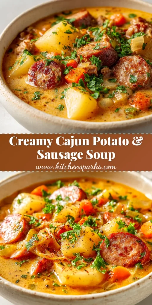 A large bowl of creamy Cajun Potato Soup with a swirl of cream, topped with fresh chives. The title 'Cajun Potato Soup' is written in bold text overlay.