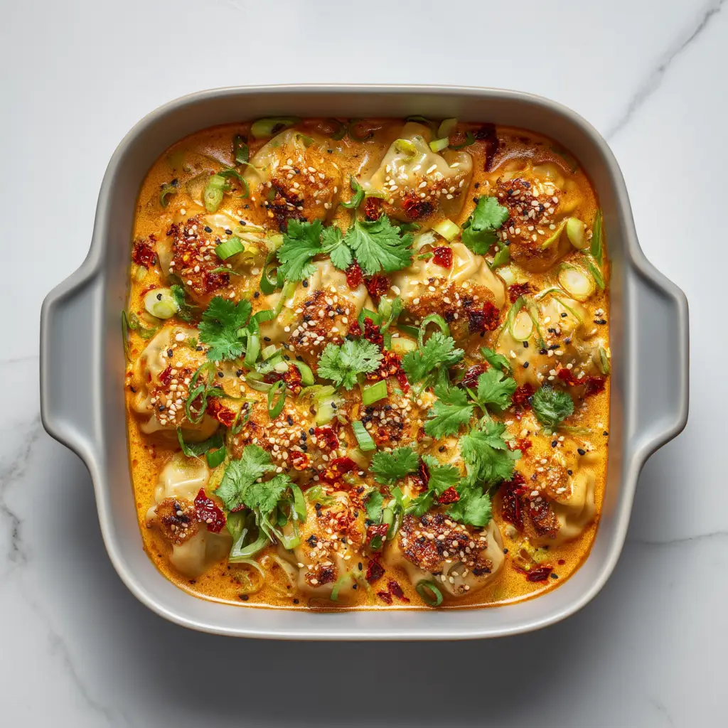 A scoop of the cheesy dumpling bake on a spatula, showing the tender dumpling and creamy sauce underneath the melted cheese.