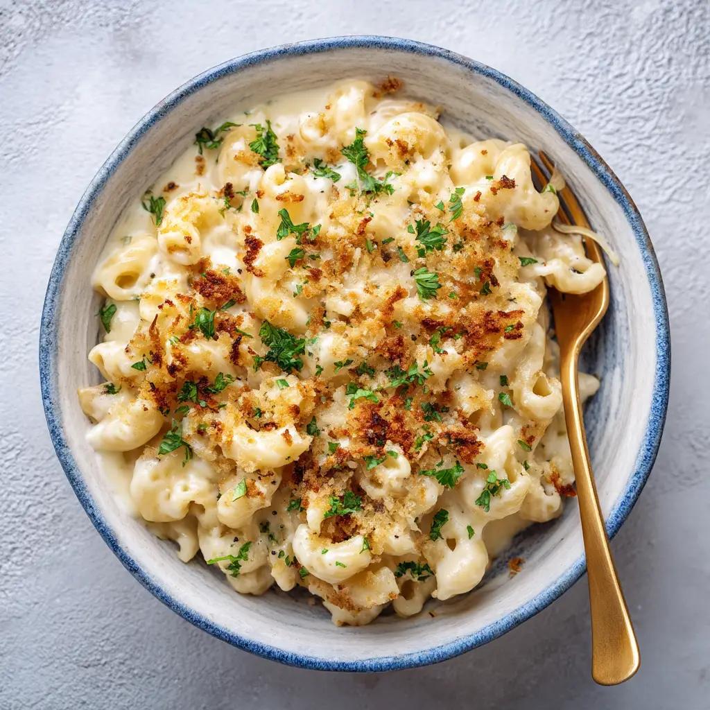 A scoop of the cheesy pasta bake being lifted from the casserole dish, showcasing the cheese pull.