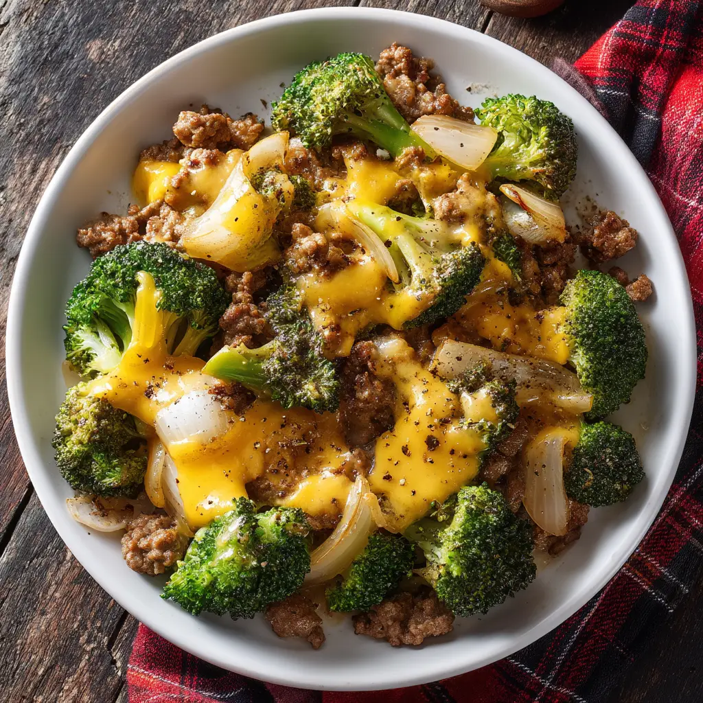 The Keto Hamburger Broccoli Skillet topped with bubbly, melted cheddar cheese, ready to be served. A perfect one-pan keto meal.