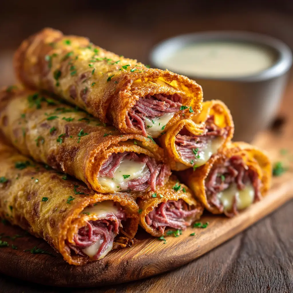 A styled overhead shot of the finished French Dip Tortilla Roll Ups arranged beautifully on a serving board with the au jus.