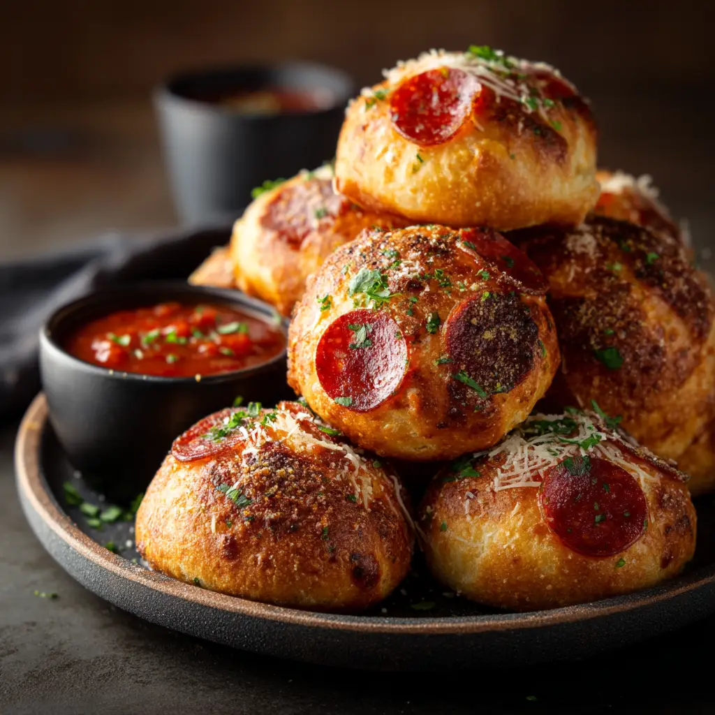 A pepperoni pizza bomb cut in half to reveal a gooey, melted mozzarella cheese and pepperoni filling.