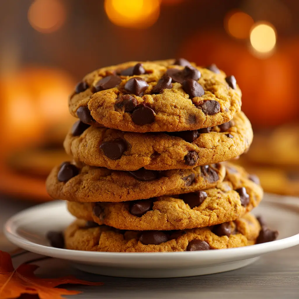 A close-up shot of chewy pumpkin chocolate chip cookies fresh from the oven, highlighting their soft texture and melted chocolate chips.