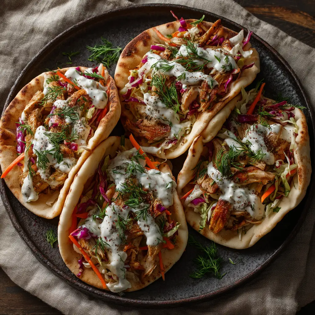 A side view of juicy, roasted chicken and vegetables in a warm pita bread, showing the colorful and appetizing filling for the sheet pan chicken pitas.