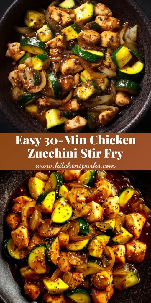 A colorful and delicious Chicken Zucchini Stir Fry in a white bowl with chopsticks, garnished with sesame seeds. This healthy and easy recipe is perfect for a quick weeknight dinner.