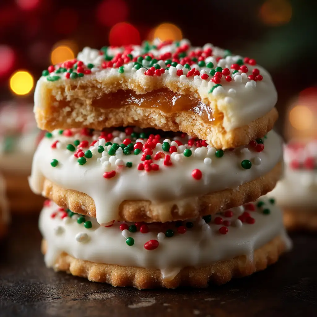 A close-up stack of no-bake Christmas cookies made with Ritz crackers, peanut butter, and chocolate, ready for a holiday party.