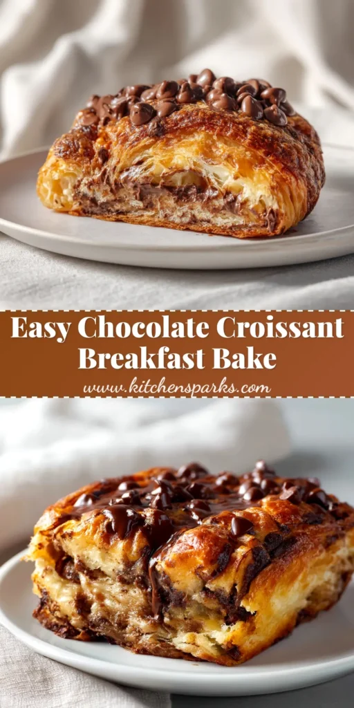 An overhead shot of a golden-brown Chocolate Croissant Bake in a white baking dish, dusted with powdered sugar and ready to be served.