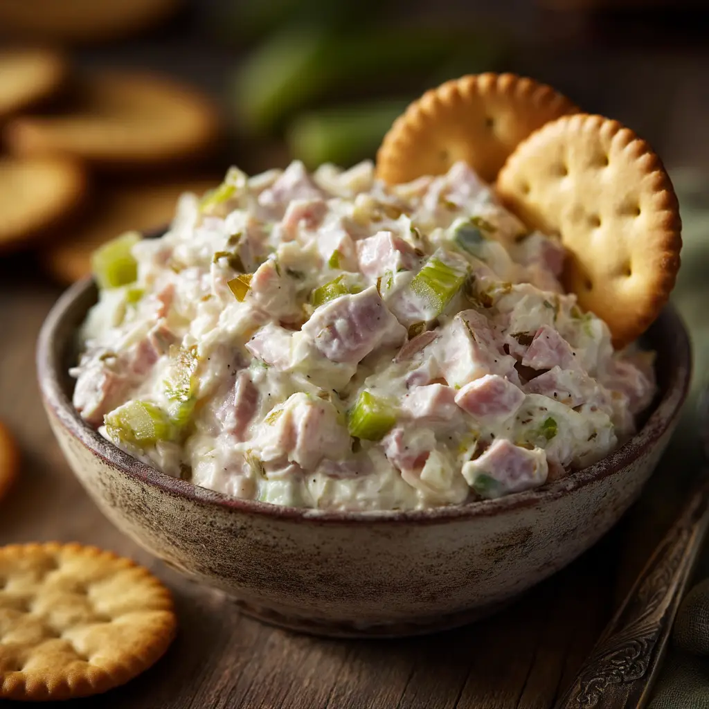 A close-up shot of the texture of a classic ham salad recipe, showing bits of ham, celery, and red onion in a creamy dressing.