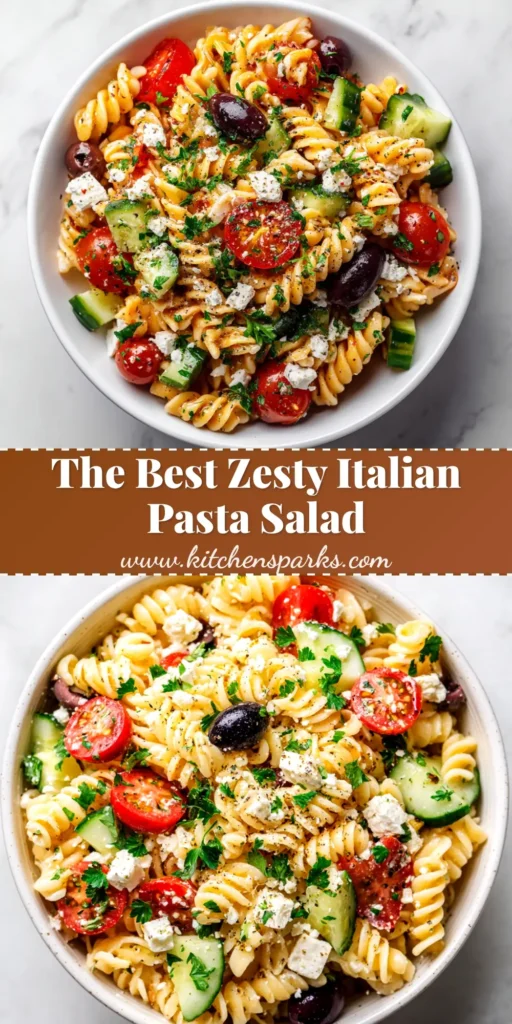 A large glass bowl filled with a vibrant Italian pasta salad, featuring rotini pasta, cherry tomatoes, mozzarella pearls, salami, and black olives, tossed in a zesty dressing.