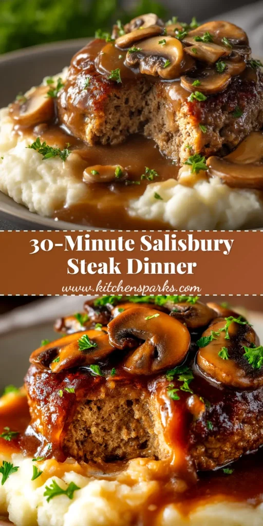 A classic Salisbury Steak Recipe with rich mushroom gravy served over creamy mashed potatoes on a white plate.