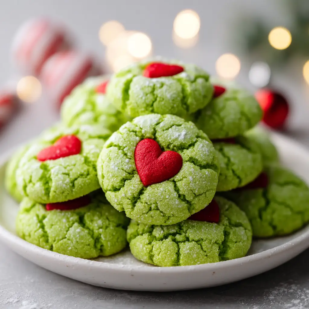 A close-up view of a single green Grinch cookie showing its soft center. This highlights the result of the easy Christmas cookies recipe.