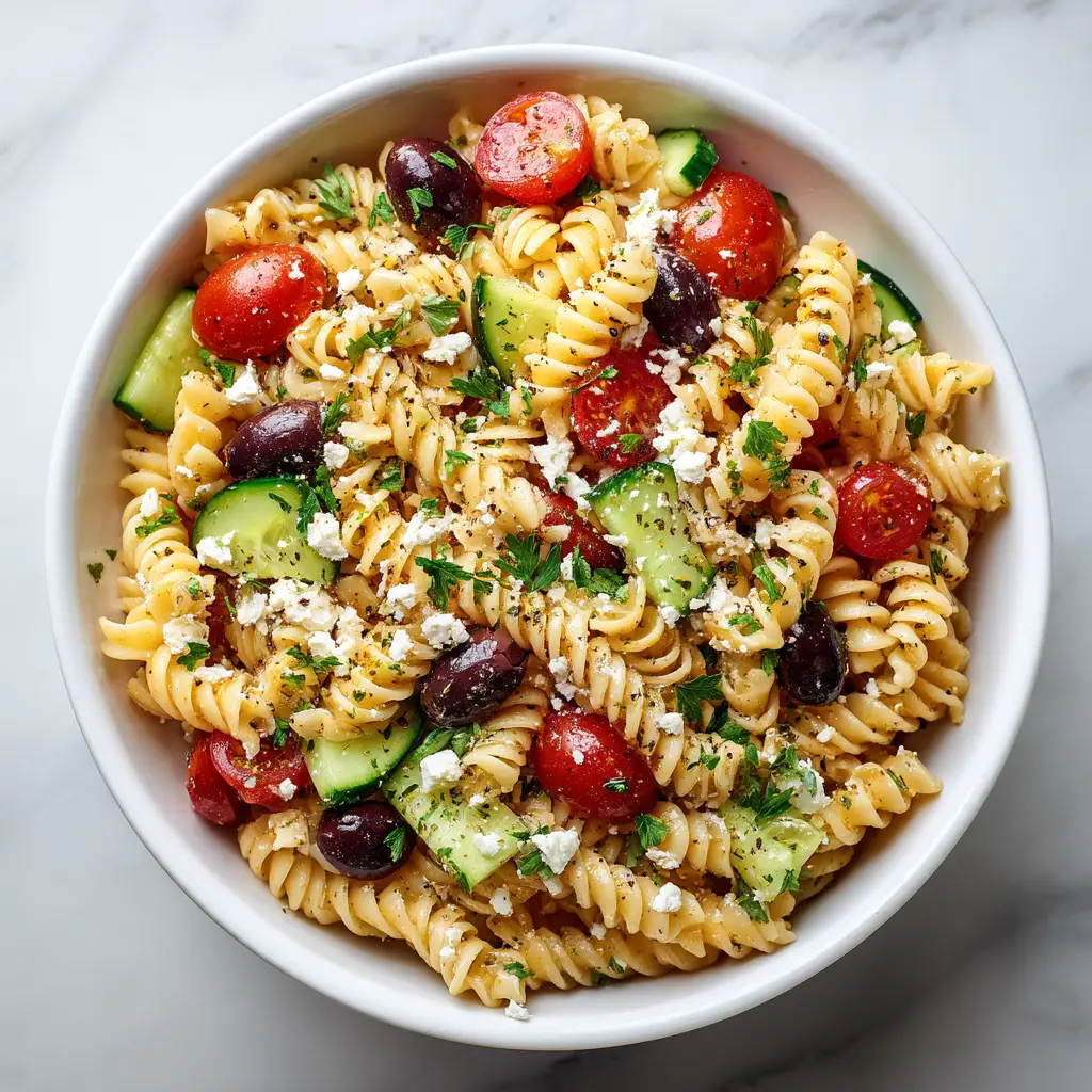 A spoonful of cold pasta salad with Italian dressing being lifted from a serving bowl, showcasing the mix of ingredients.