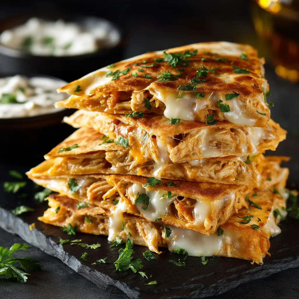 A side view of a folded Hot Honey Chicken Quesadilla in a pan, being cooked to a golden brown.