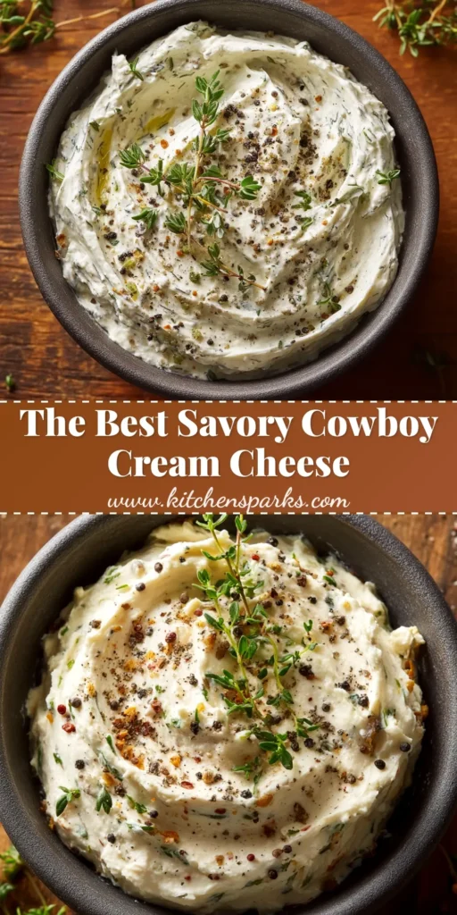 A shareable pin image for the Cowboy Cream Cheese dip recipe, showing the baked dip in a cast-iron skillet, topped with bacon and green onions.