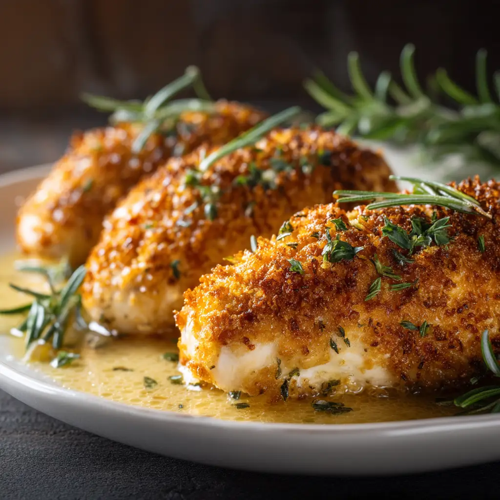 A close-up view of the finished Boursin chicken in the skillet. The chicken is coated in the creamy white sauce with flecks of herbs and spinach.