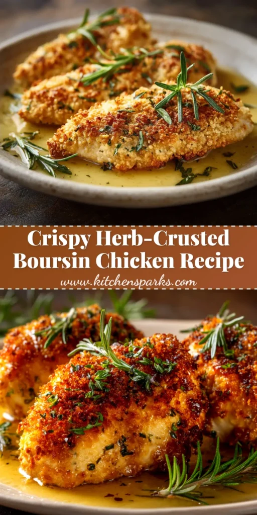 An overhead shot of creamy Boursin Chicken in a black skillet, garnished with fresh herbs. The chicken is coated in a rich, white sauce with wilted spinach.