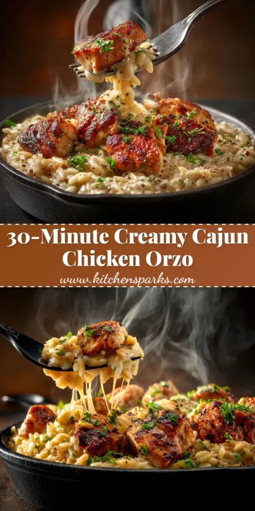 A large white bowl filled with creamy Cajun Chicken Orzo, garnished with fresh parsley. The one-pot pasta dish looks rich and inviting.