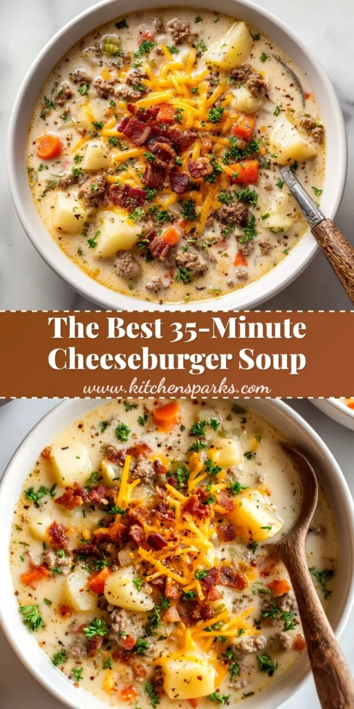 A delicious bowl of creamy cheeseburger soup topped with bacon, pickles, and sesame seeds. The perfect comfort food recipe.