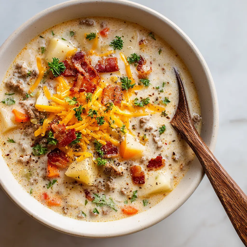 A close-up view of a spoonful of creamy cheeseburger soup, showcasing the melted cheese and tender pieces of potato and ground beef.