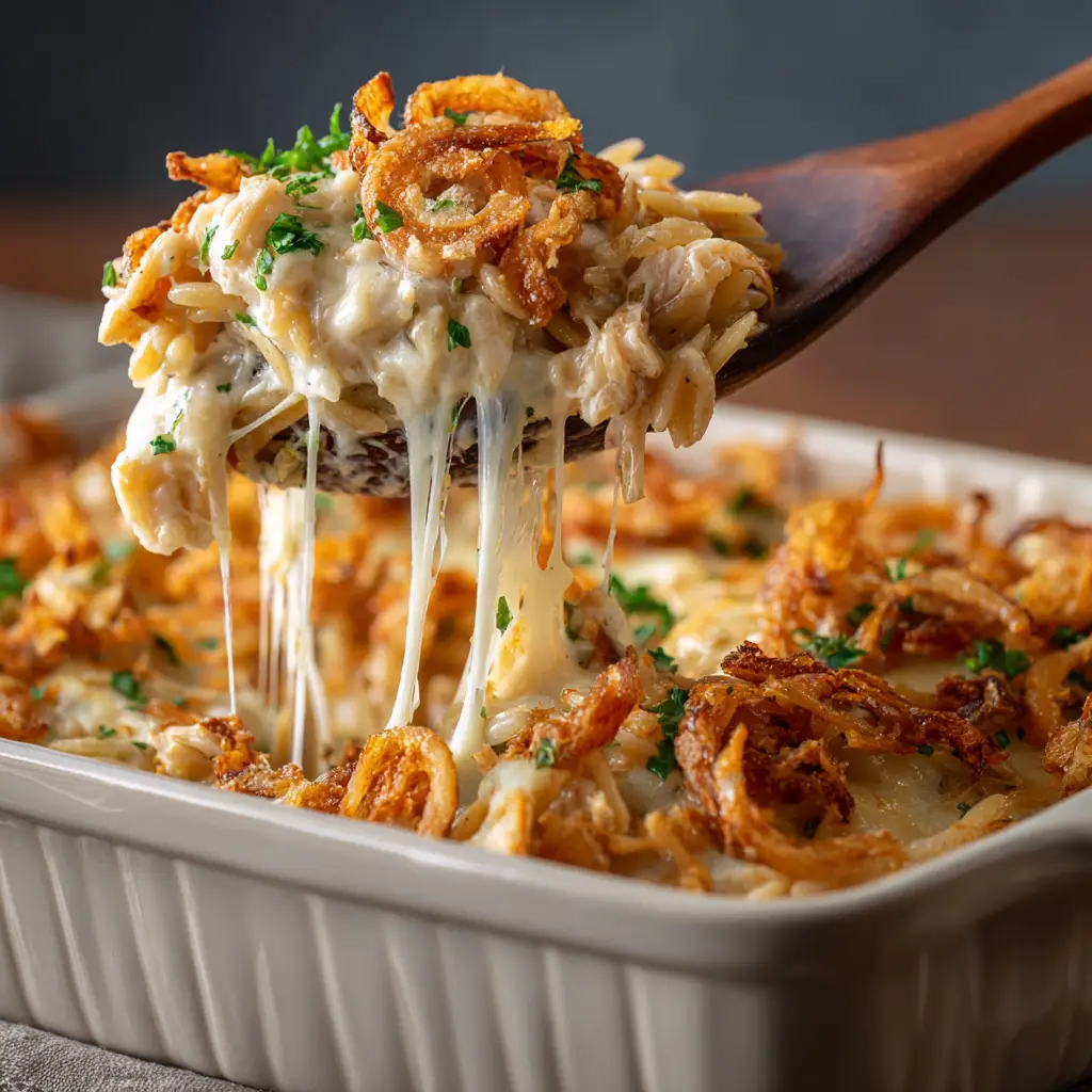 A close-up shot of the creamy chicken orzo bake, highlighting the texture of the caramelized onions and pasta.