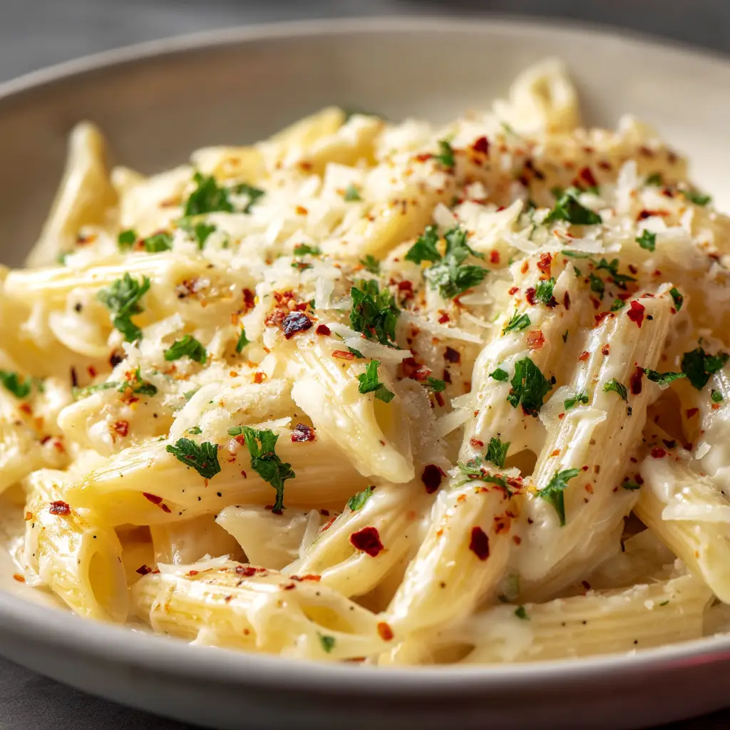 An extreme close-up of creamy garlic pasta on a fork, showing the rich texture of the garlic parmesan sauce and fresh parsley.